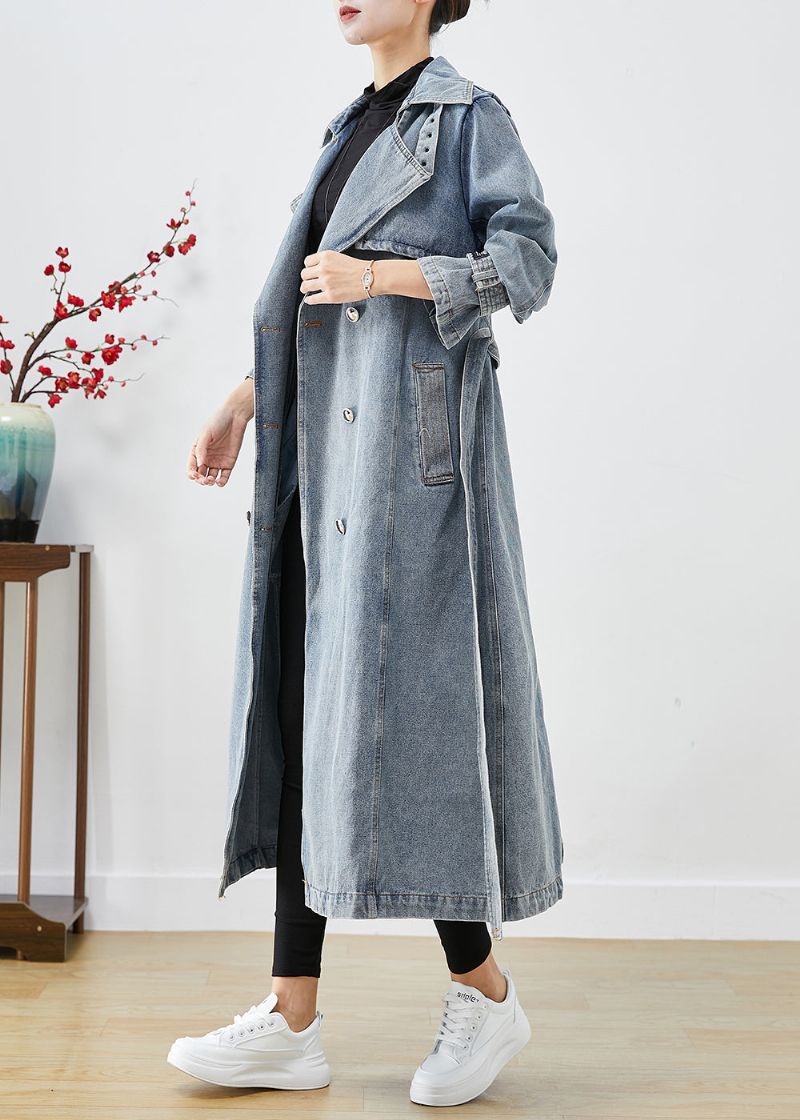 Stijlvolle Lichtblauwe Oversized Denim Trenchcoats Met Dubbele Rij Knopen Herfst - Dames trenchcoats