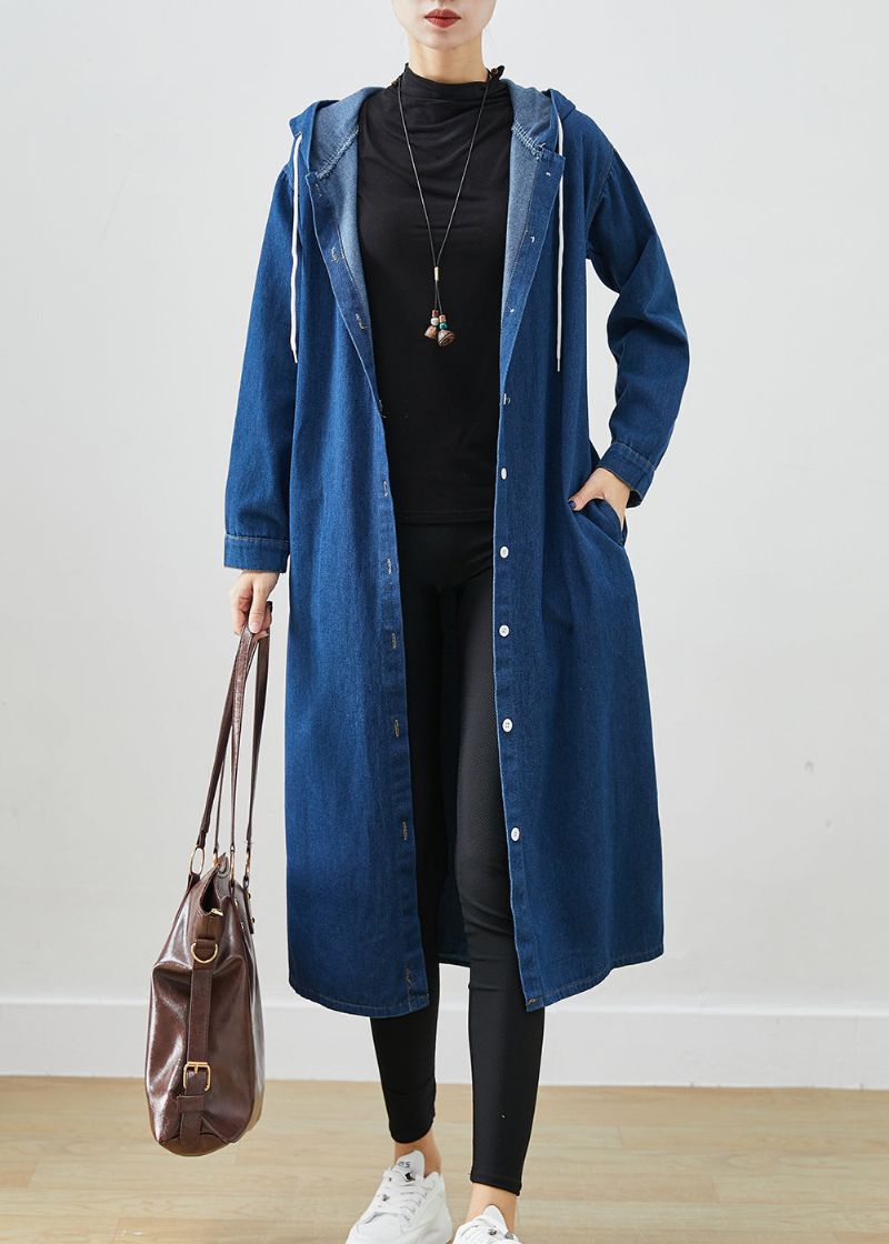 Stijlvolle Marineblauwe Denimjas Met Trekkoord En Capuchon Uitloper Herfst - Dames trenchcoats