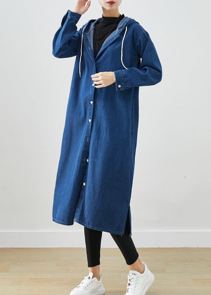 Stijlvolle Marineblauwe Denimjas Met Trekkoord En Capuchon Uitloper Herfst - Dames trenchcoats