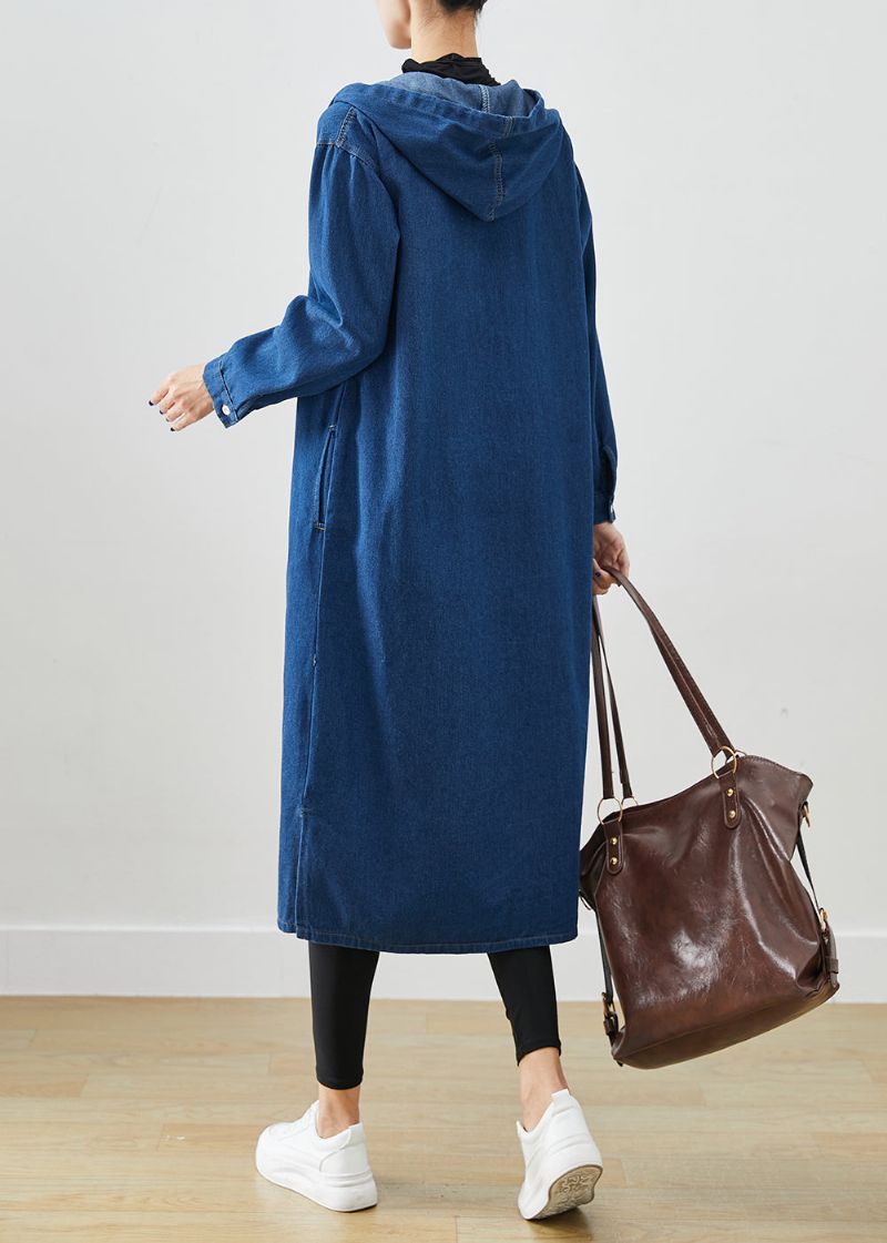 Stijlvolle Marineblauwe Denimjas Met Trekkoord En Capuchon Uitloper Herfst - Dames trenchcoats