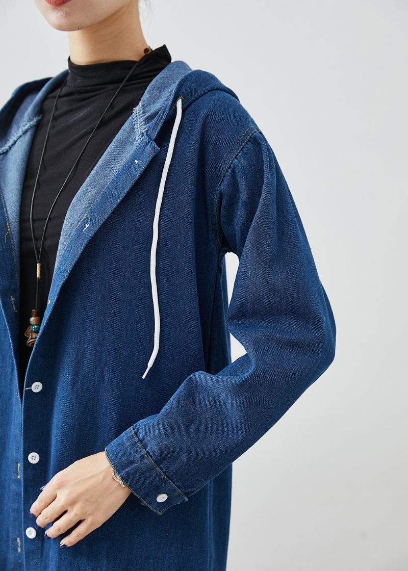 Stijlvolle Marineblauwe Denimjas Met Trekkoord En Capuchon Uitloper Herfst - Dames trenchcoats