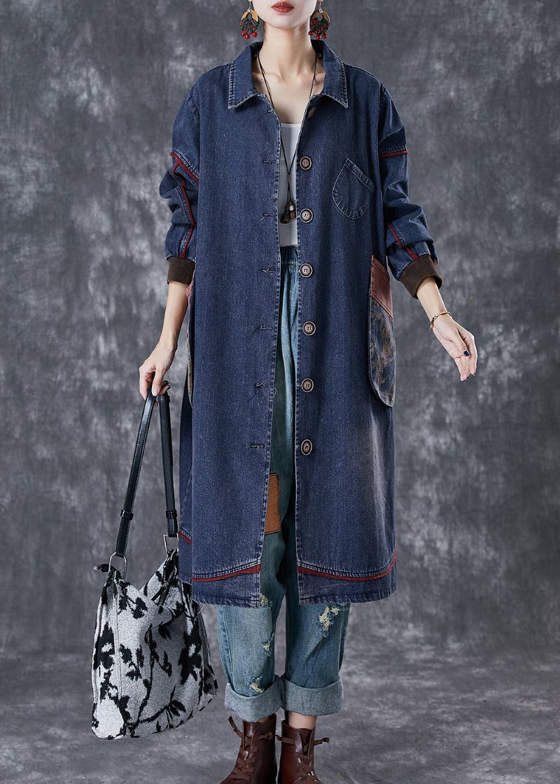 Stijlvolle Marineblauwe Oversized Katoenen Jas Met Patchworkzak Herfst - Dames trenchcoats