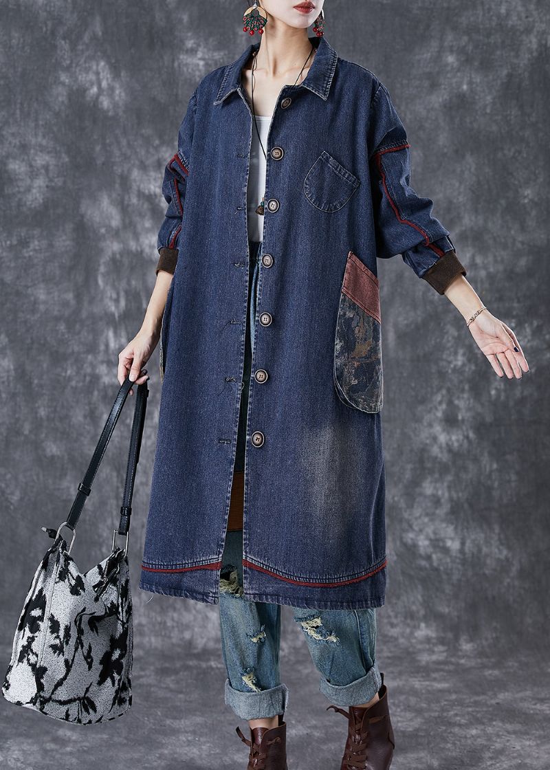 Stijlvolle Marineblauwe Oversized Katoenen Jas Met Patchworkzak Herfst - Dames trenchcoats