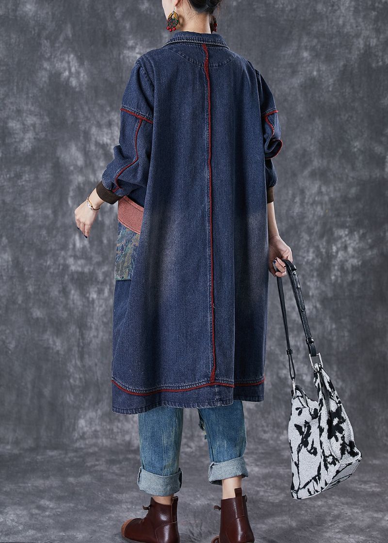 Stijlvolle Marineblauwe Oversized Katoenen Jas Met Patchworkzak Herfst - Dames trenchcoats