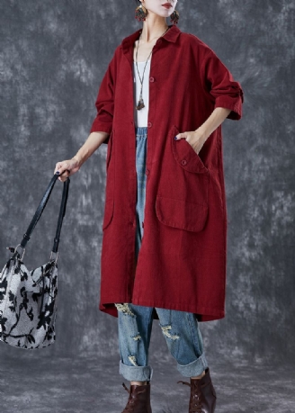 Stijlvolle Rode Oversized Zakken Katoenen Trenchcoats Herfst