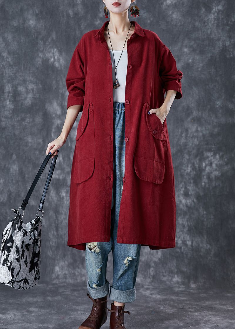 Stijlvolle Rode Oversized Zakken Katoenen Trenchcoats Herfst - Dames trenchcoats