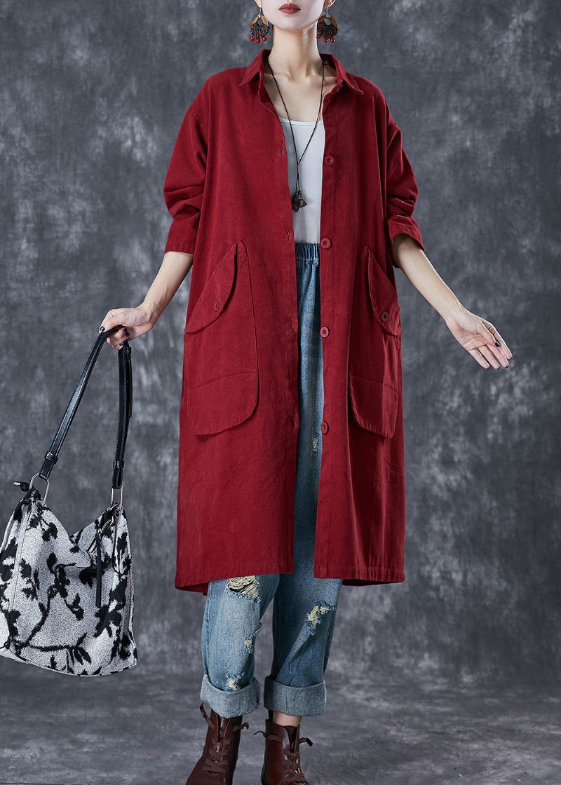 Stijlvolle Rode Oversized Zakken Katoenen Trenchcoats Herfst - Dames trenchcoats