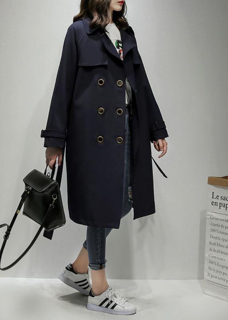 Stijlvolle Uitgesneden Dubbele Borst Plus Size Trenchcoat In Marineblauw Silhouet Uitloper - Dames trenchcoats