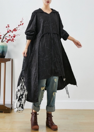 Stijlvolle Zwarte Asymmetrische Oversized Trenchcoats Met Trekkoord En Print Herfst