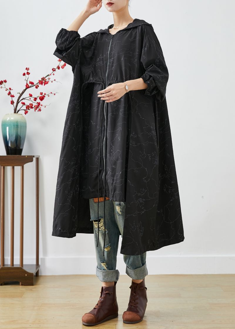 Stijlvolle Zwarte Asymmetrische Oversized Trenchcoats Met Trekkoord En Print Herfst - Dames trenchcoats