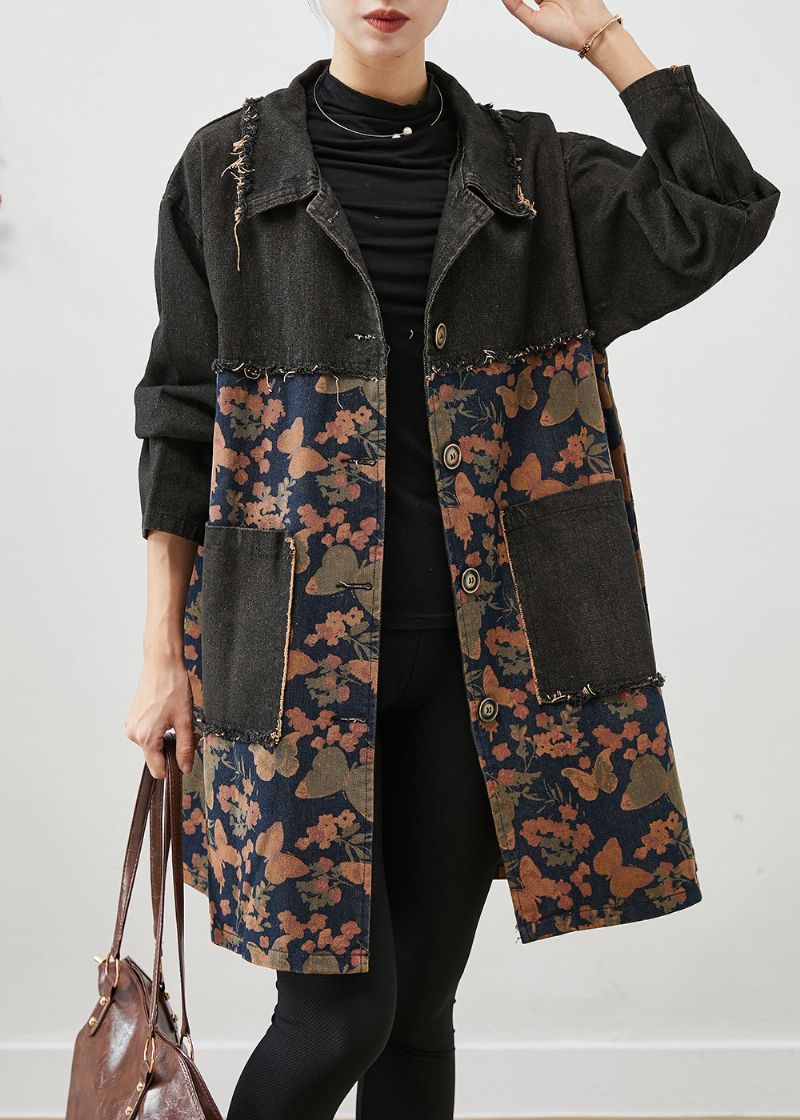 Stijlvolle Zwarte Oversized Denimjassen Met Patchworkprint Herfst