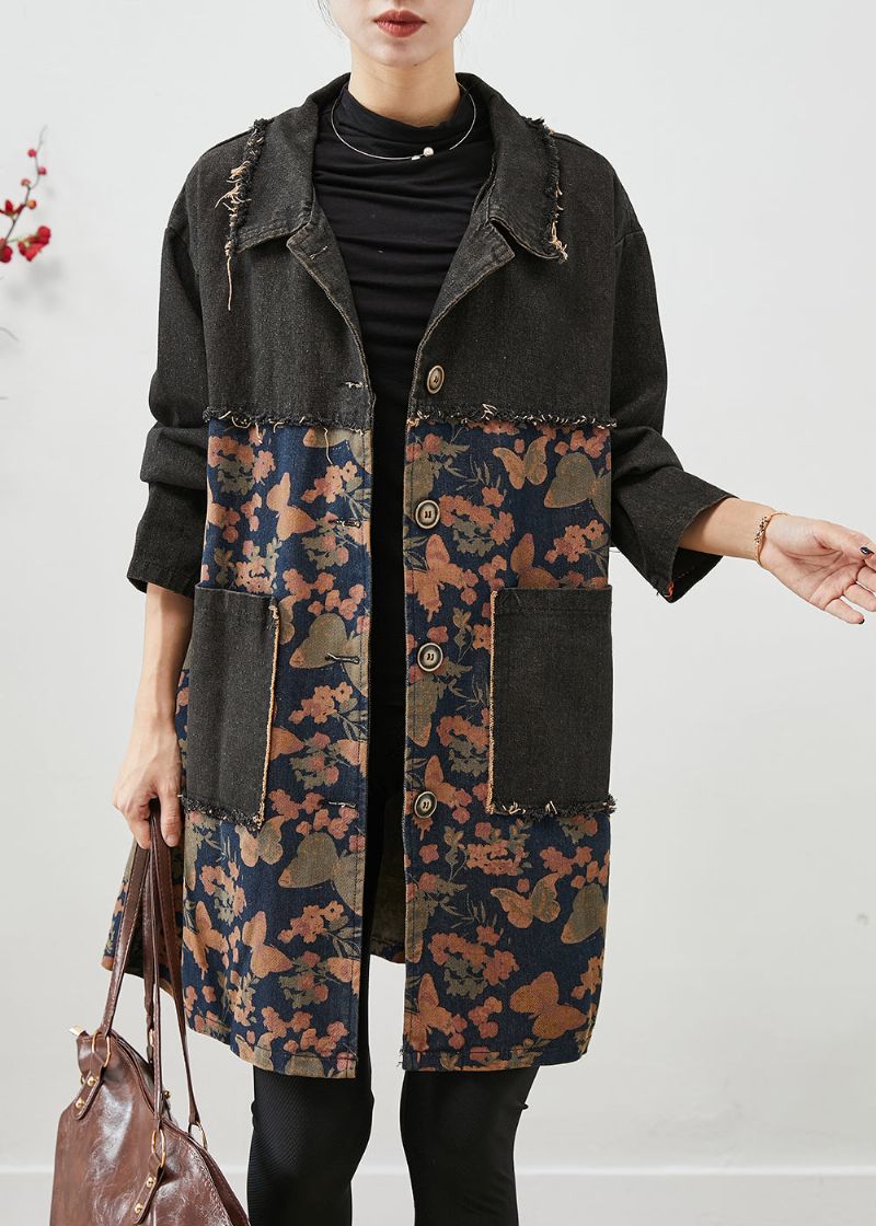 Stijlvolle Zwarte Oversized Denimjassen Met Patchworkprint Herfst - Dames trenchcoats