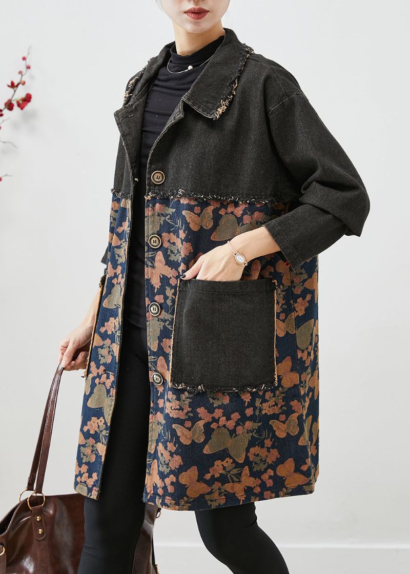 Stijlvolle Zwarte Oversized Denimjassen Met Patchworkprint Herfst - Dames trenchcoats