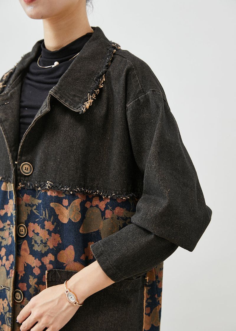 Stijlvolle Zwarte Oversized Denimjassen Met Patchworkprint Herfst - Dames trenchcoats