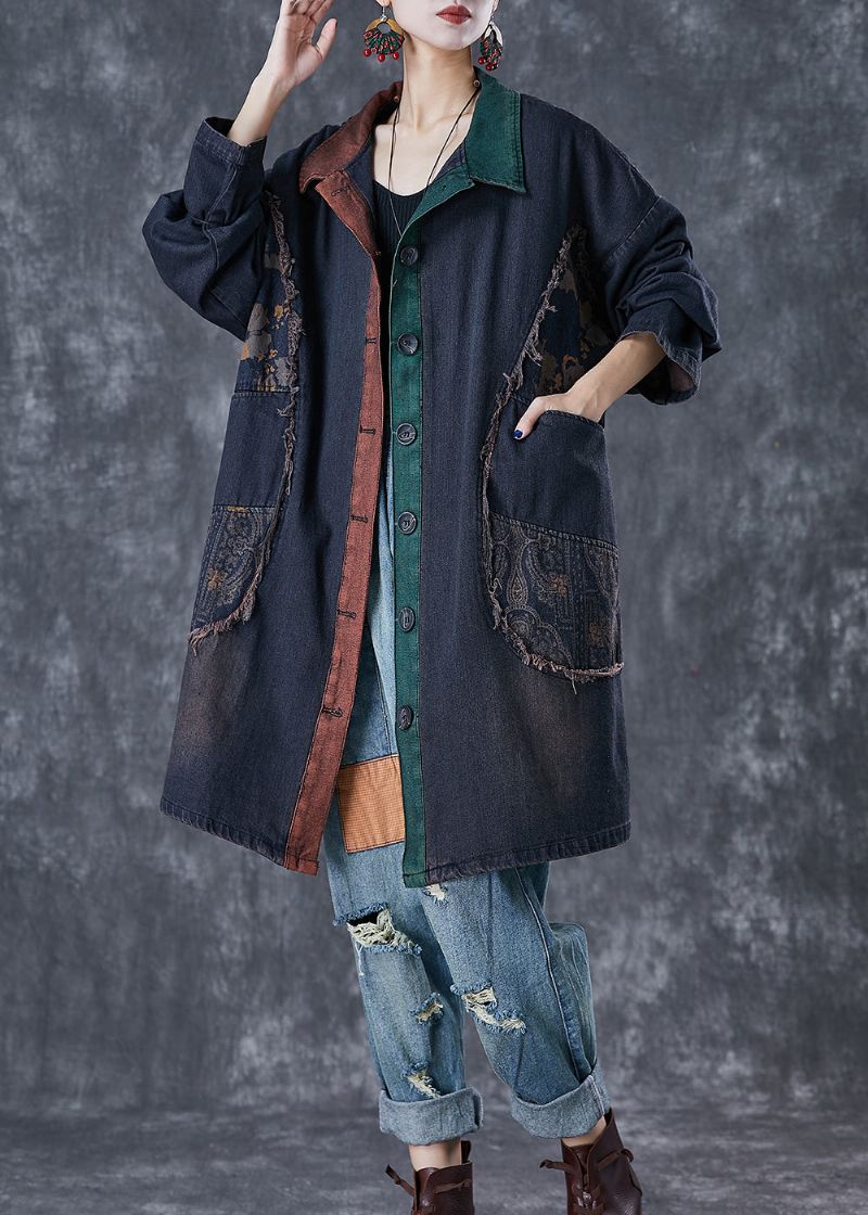 Stijlvolle Zwarte Oversized Patchwork Denim Trenchcoat Herfst