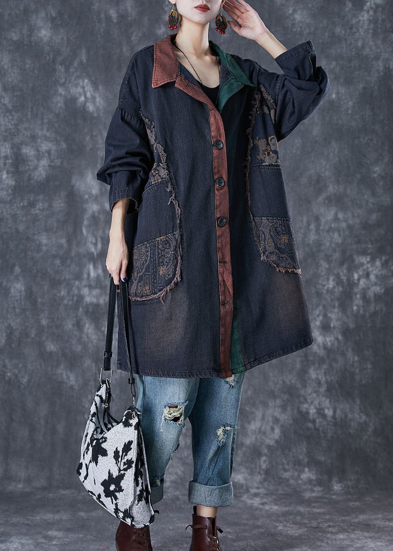 Stijlvolle Zwarte Oversized Patchwork Denim Trenchcoat Herfst - Dames trenchcoats