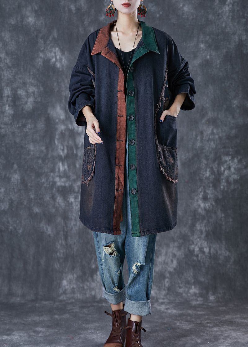 Stijlvolle Zwarte Oversized Patchwork Denim Trenchcoat Herfst - Dames trenchcoats