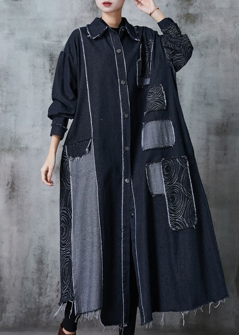 Stijlvolle Zwarte Oversized Patchwork-denimjas Lente