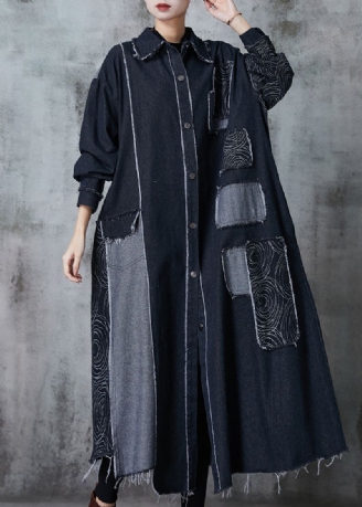 Stijlvolle Zwarte Oversized Patchwork-denimjas Lente