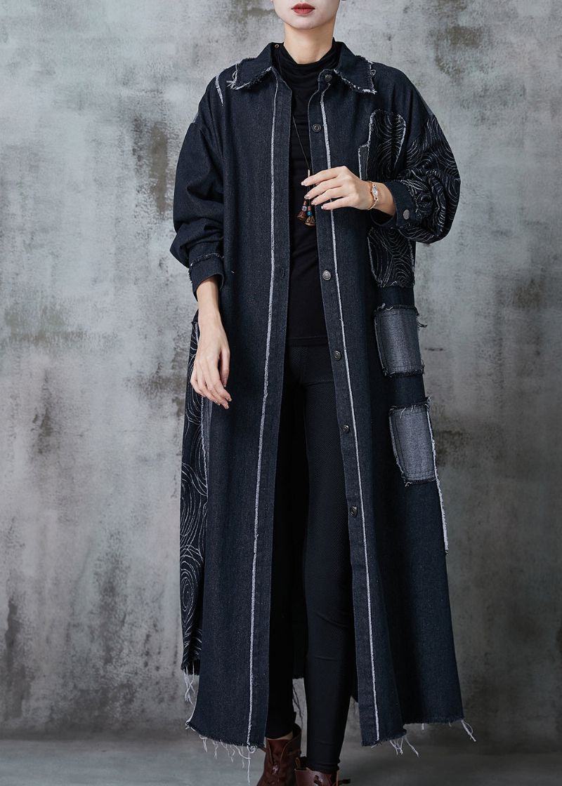 Stijlvolle Zwarte Oversized Patchwork-denimjas Lente - Dames trenchcoats