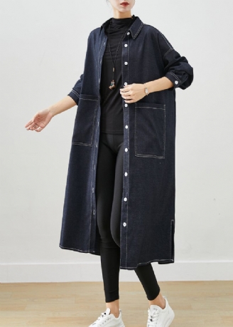 Stijlvolle Zwarte Oversized Zakken Met Open Zijkant Denim Trenchcoats Herfst