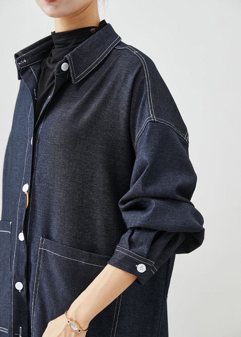 Stijlvolle Zwarte Oversized Zakken Met Open Zijkant Denim Trenchcoats Herfst - Dames trenchcoats