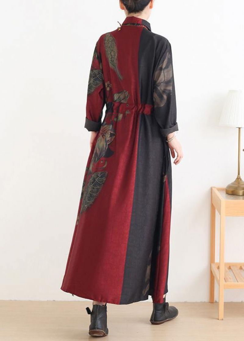 Tuniekpatroon Met Losse Revers En Trekkoord Catwalk Rode Print Traveling Dresses - Rood