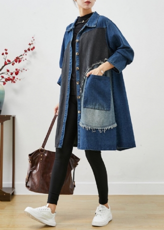 Unieke Blauwe Asymmetrische Denim Trenchcoats Met Patchwork Herfst