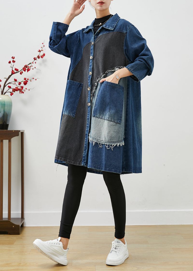 Unieke Blauwe Asymmetrische Denim Trenchcoats Met Patchwork Herfst - Dames trenchcoats