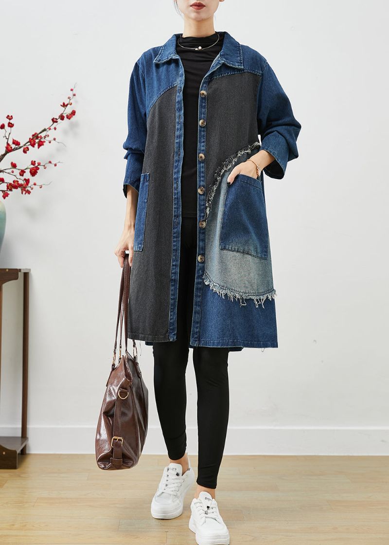 Unieke Blauwe Asymmetrische Denim Trenchcoats Met Patchwork Herfst - Dames trenchcoats