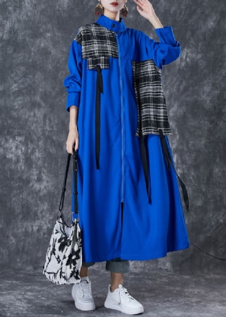 Unieke Blauwe Oversized Katoenen Trenchcoat Met Patchwork-appliqué Herfst