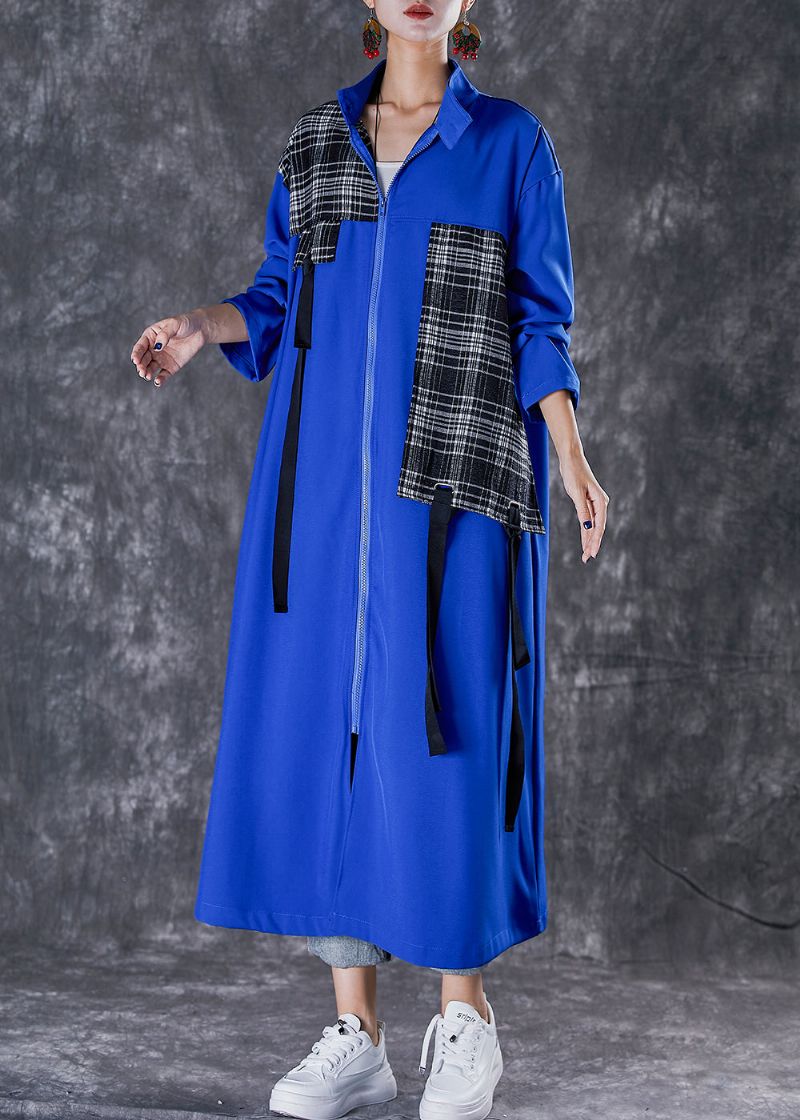 Unieke Blauwe Oversized Katoenen Trenchcoat Met Patchwork-appliqué Herfst - Dames trenchcoats