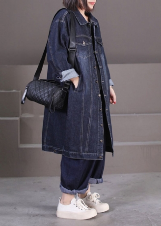 Unieke Donkerblauwe Peter Pan-kraag Zakken Patchwork Knoop Denim Lange Trenchcoat Herfst