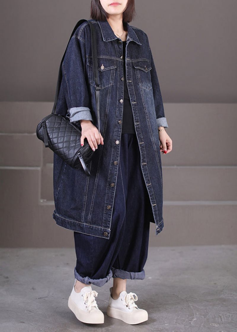 Unieke Donkerblauwe Peter Pan-kraag Zakken Patchwork Knoop Denim Lange Trenchcoat Herfst - Dames trenchcoats