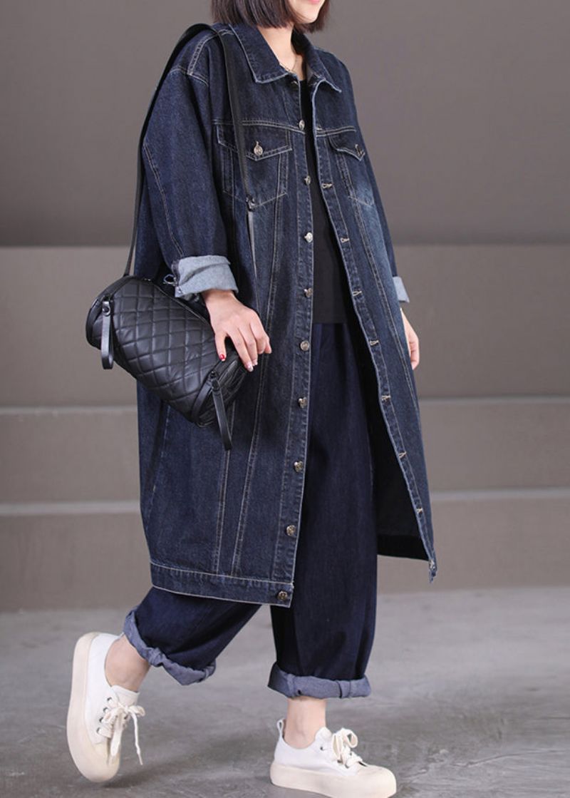 Unieke Donkerblauwe Peter Pan-kraag Zakken Patchwork Knoop Denim Lange Trenchcoat Herfst - Dames trenchcoats