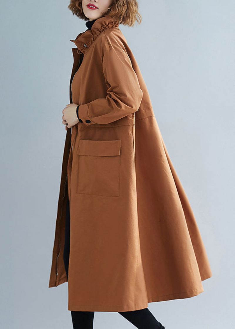 Unieke Karamel Opstaande Kraag Met Veters En Patchwork Katoenen Trenchcoats Herfst - Dames trenchcoats