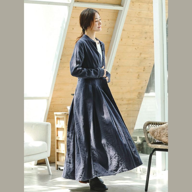 Vintage Blauwe Jas Oversized Lange Jas Met Opstaande Kraag Jas Met Mouwen En Grote Zoom - Dames trenchcoats