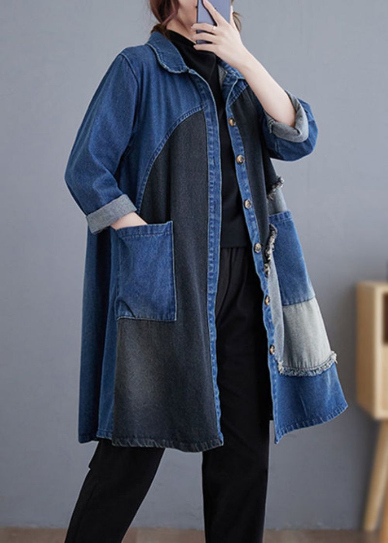 Vintage Blauwe Knoopzakken Patchwork Denim Trenchcoat Herfst