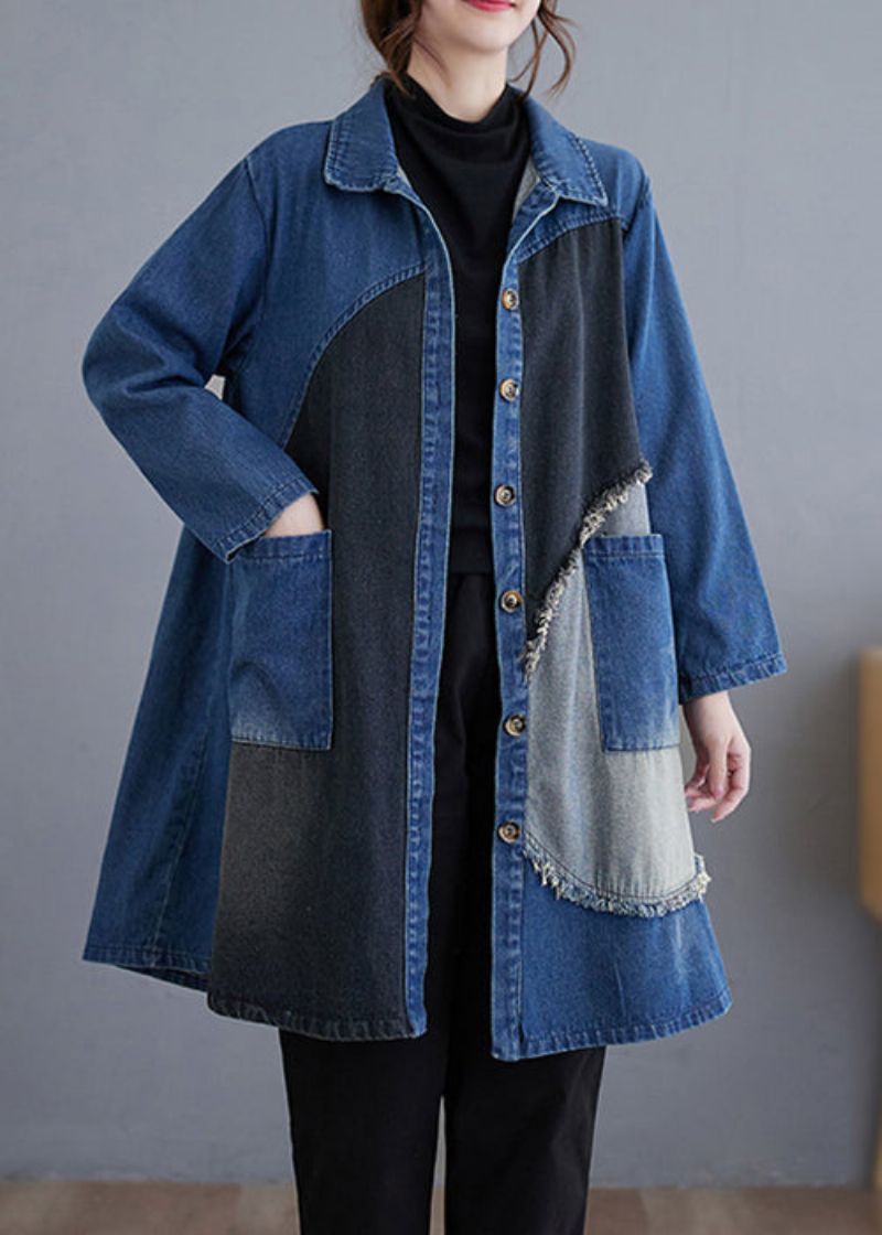 Vintage Blauwe Knoopzakken Patchwork Denim Trenchcoat Herfst - Dames trenchcoats