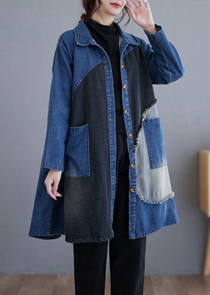 Vintage Blauwe Knoopzakken Patchwork Denim Trenchcoat Herfst - Dames trenchcoats