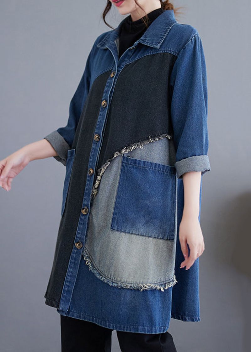 Vintage Blauwe Knoopzakken Patchwork Denim Trenchcoat Herfst - Dames trenchcoats