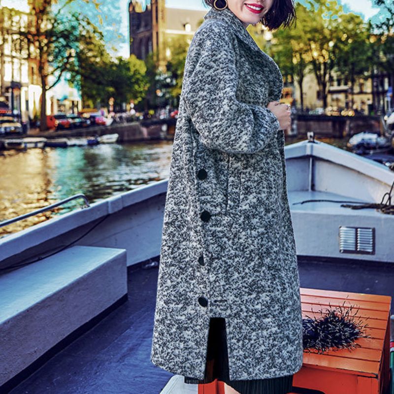 Vintage Grijze Wollen Jas Losvallende Gekerfde Lange Jas Met Open Zijkant - Dames trenchcoats