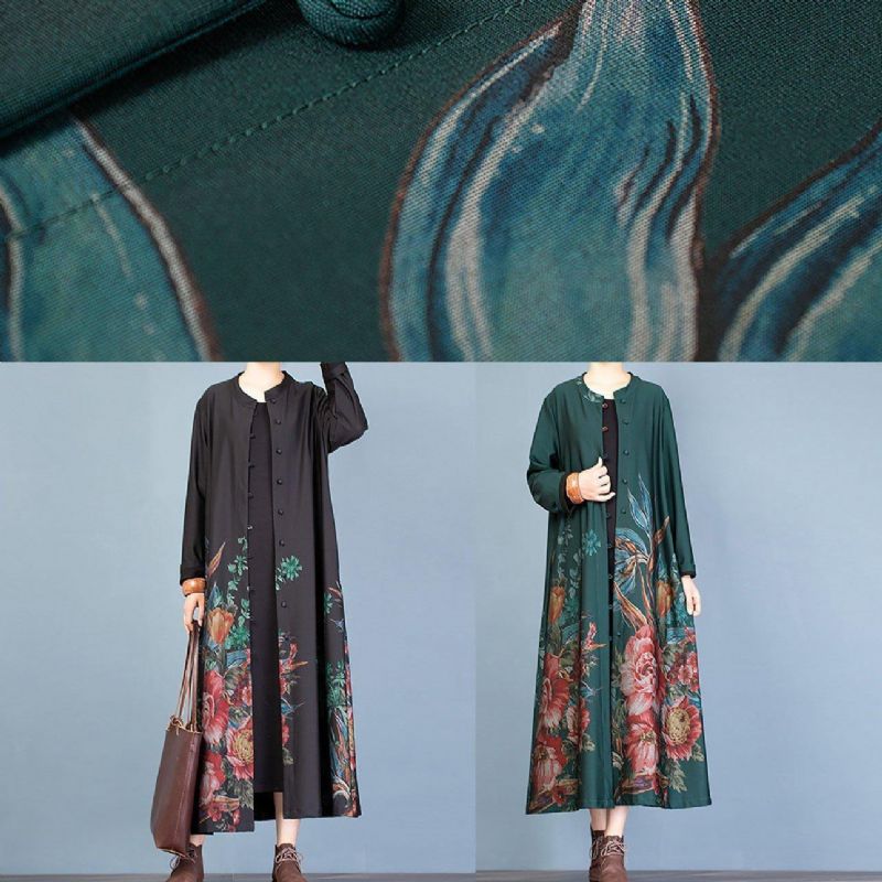 Vintage Groene Prints Jas Dames Oversized Lange Jas Herfst Trenchcoats Met O-hals - Bruin