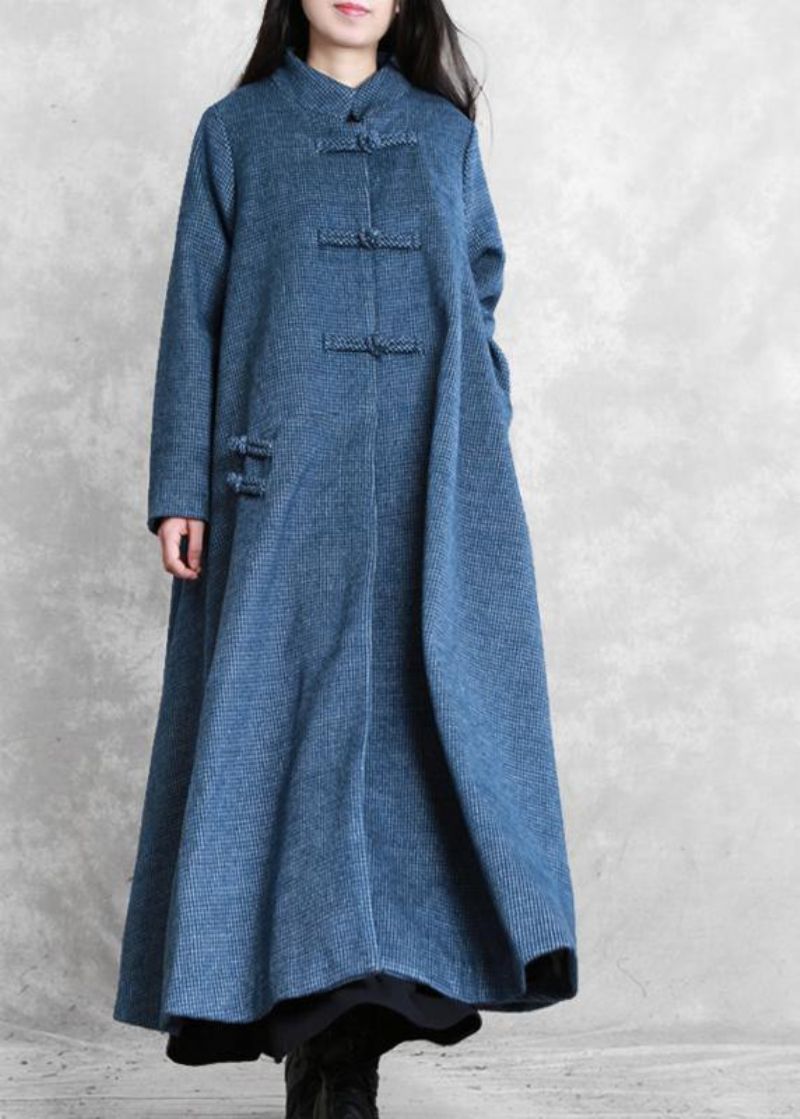 Vintage Plus Size Jassen Jas Blauwe Opstaande Kraag Asymmetrische Wollen - Dames trenchcoats