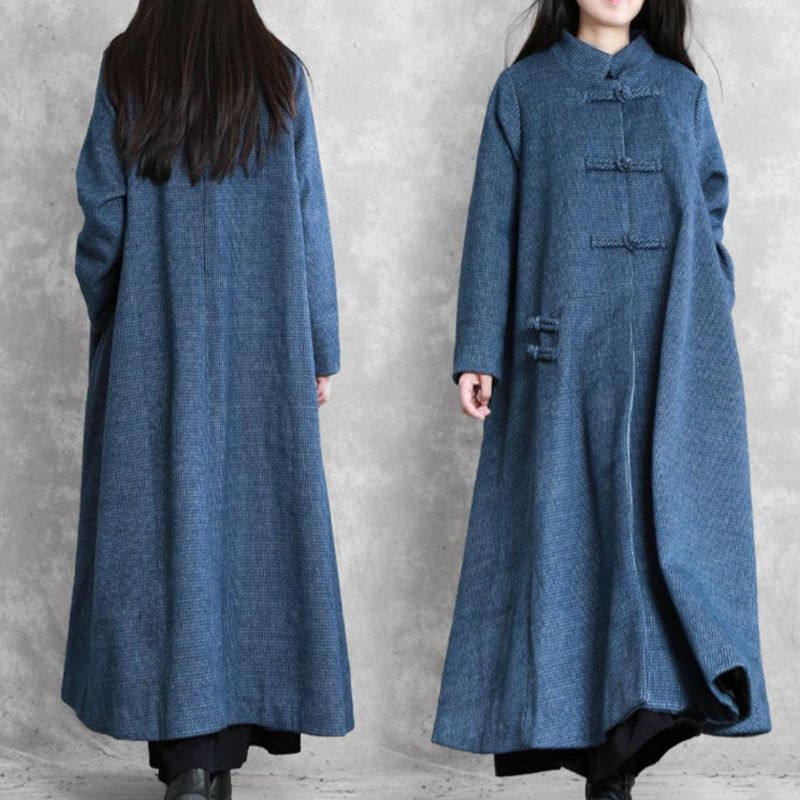 Vintage Plus Size Jassen Jas Blauwe Opstaande Kraag Asymmetrische Wollen - Dames trenchcoats