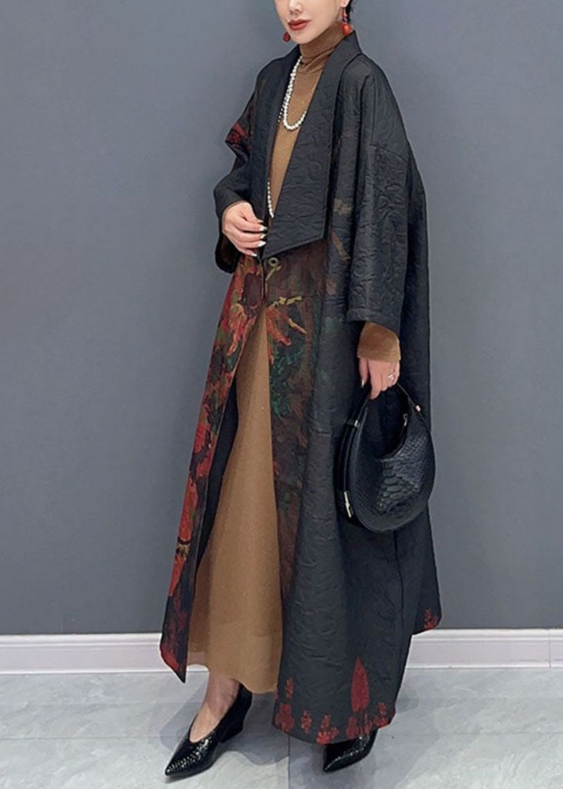 Vintage Zwarte Asymmetrische Print Lange Trenchcoats Met Mouwen - Dames trenchcoats