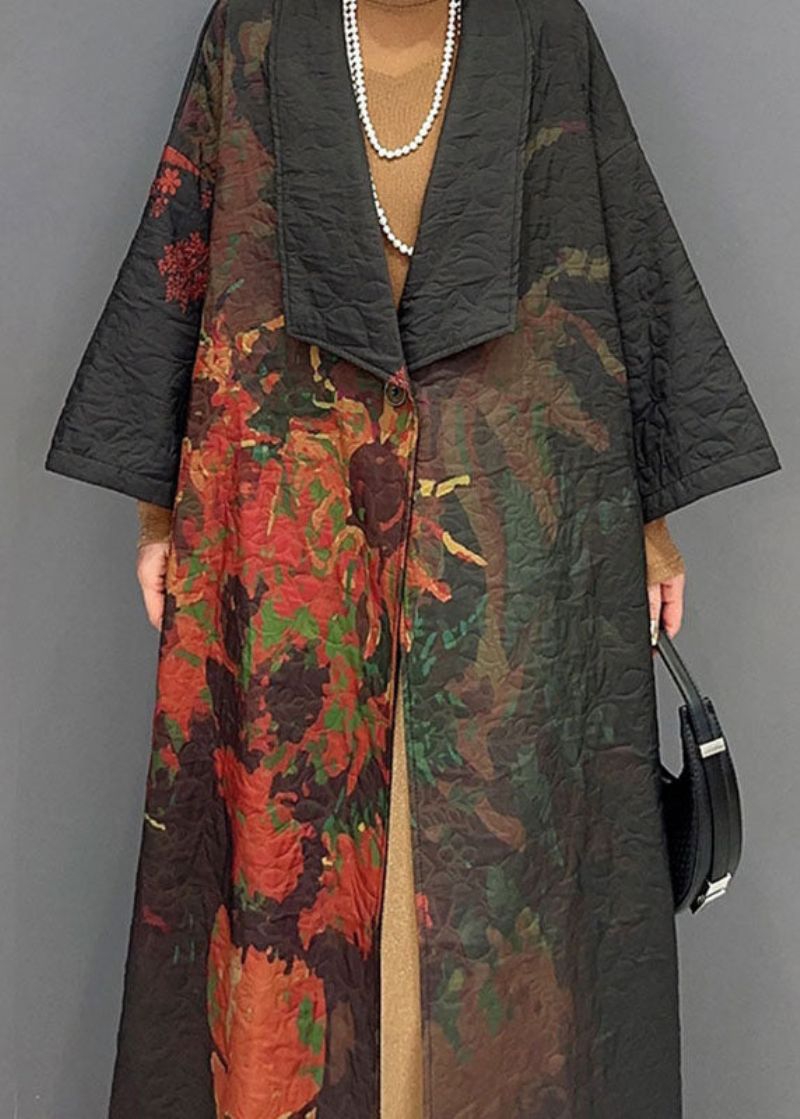 Vintage Zwarte Asymmetrische Print Lange Trenchcoats Met Mouwen - Dames trenchcoats