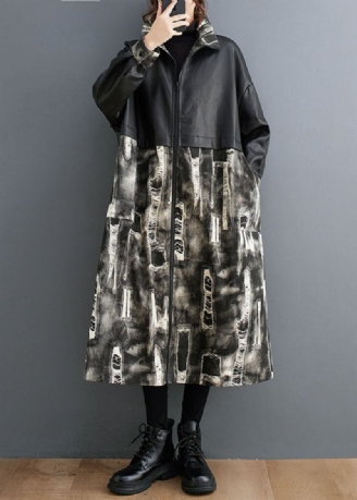 Vogue Zwarte Opstaande Kraag Print Kunstleer Patchwork Lange Trenchcoats Met Mouwen