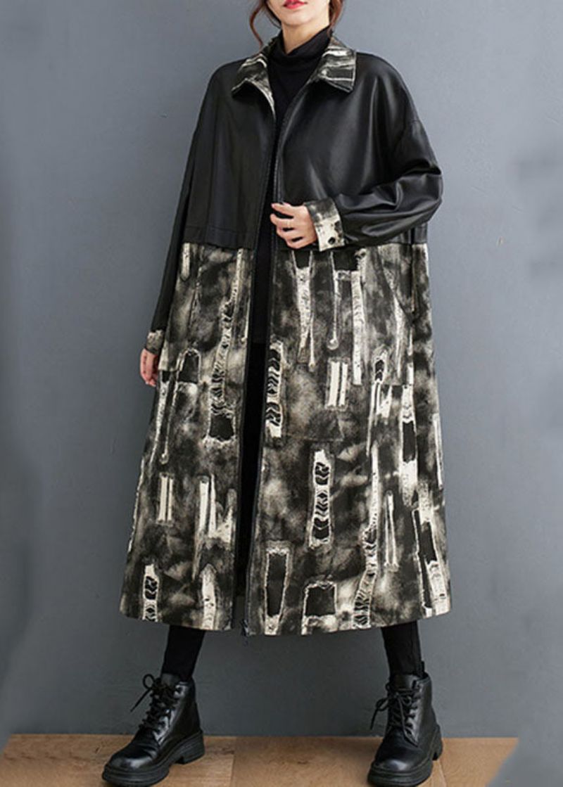 Vogue Zwarte Opstaande Kraag Print Kunstleer Patchwork Lange Trenchcoats Met Mouwen - Dames trenchcoats