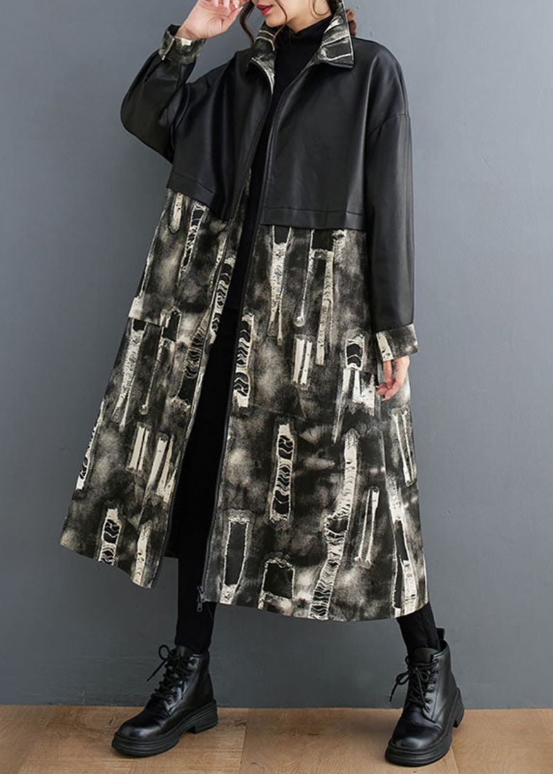 Vogue Zwarte Opstaande Kraag Print Kunstleer Patchwork Lange Trenchcoats Met Mouwen - Dames trenchcoats